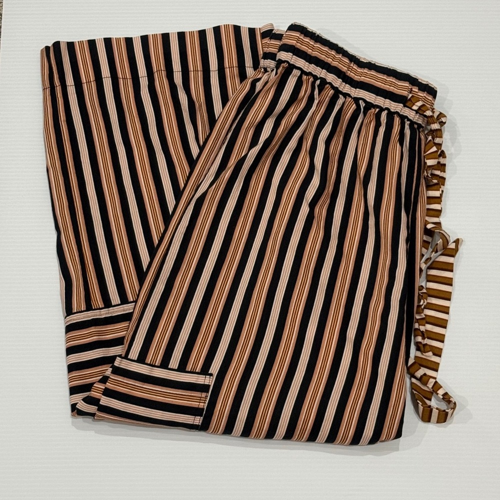 Fashion Vertical Stripe Wide Leg Cotton Pants Black Tan White Elastic Waist L